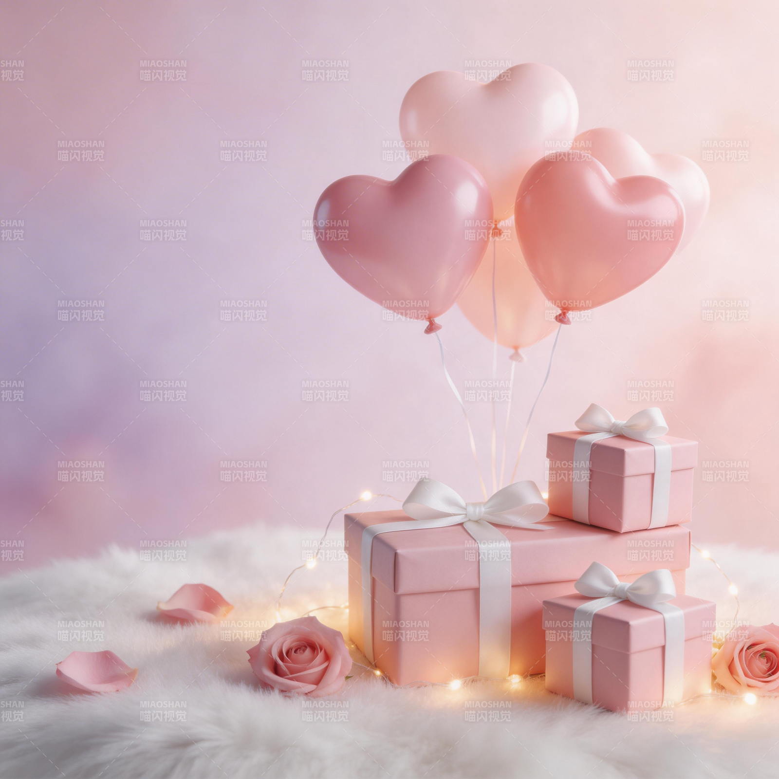 粉色心气球与礼盒浪漫场景图片