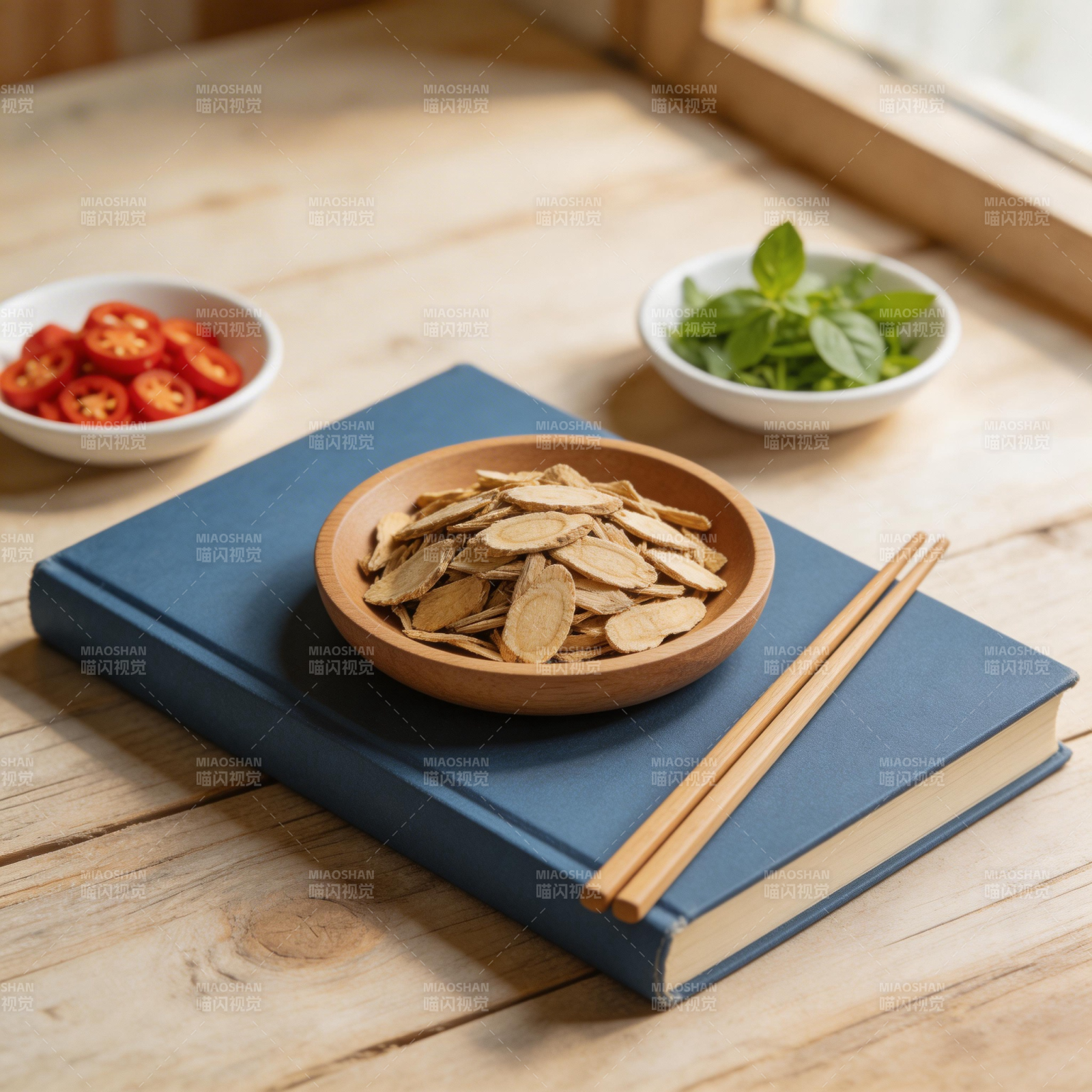 药膳食材与书筷静物图图片