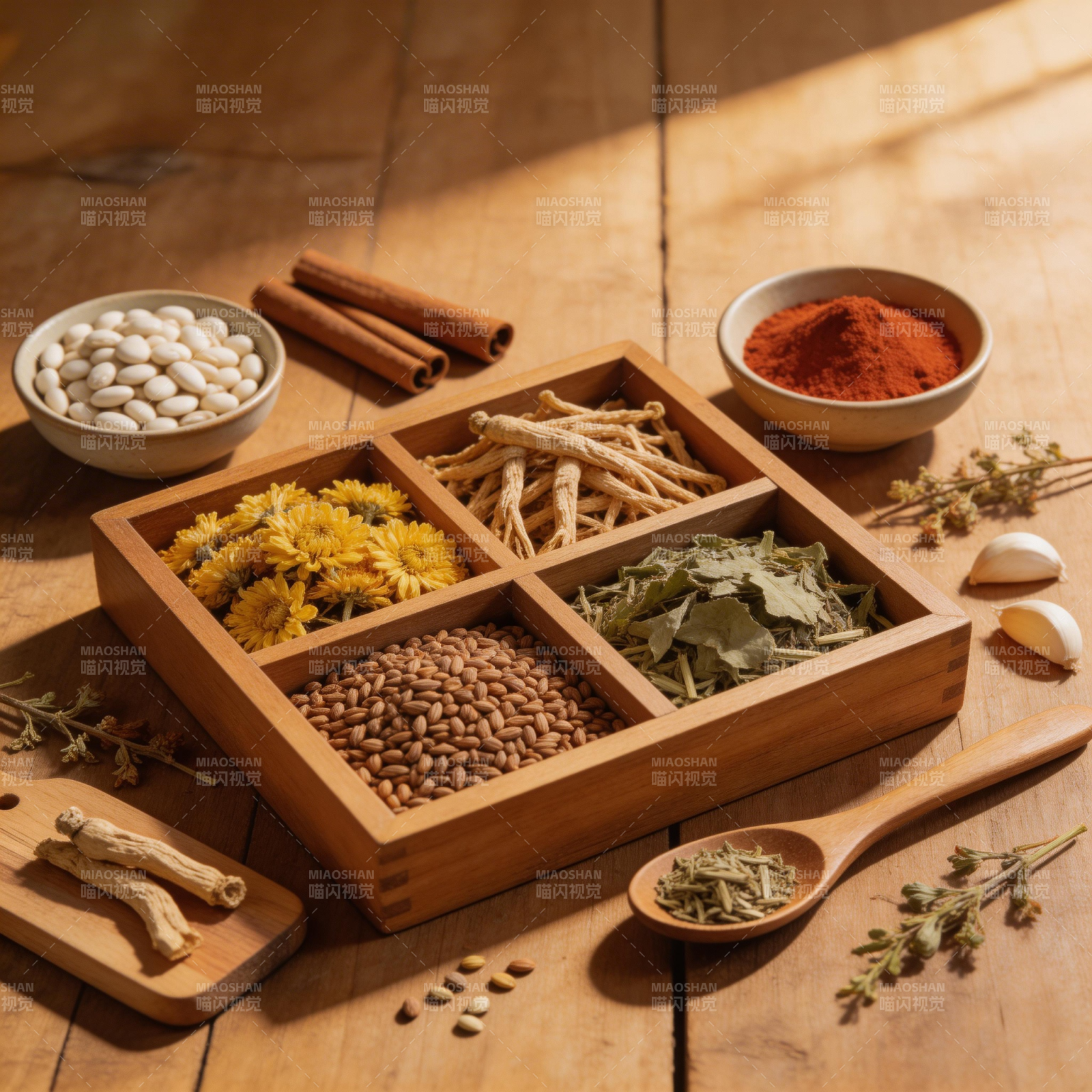 木质药盒盛放天然草本香料图片