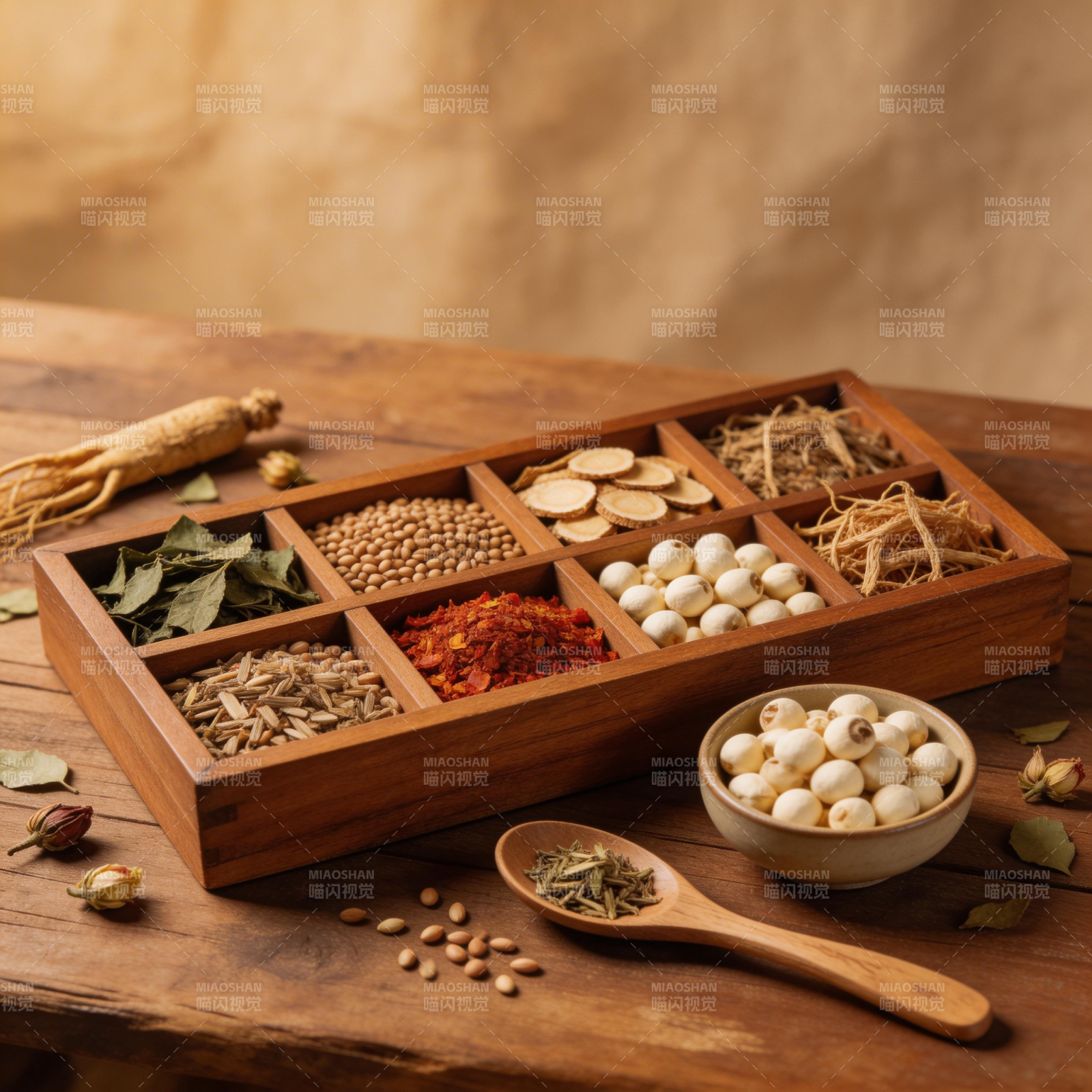 中药药材分格木盒陈列图片