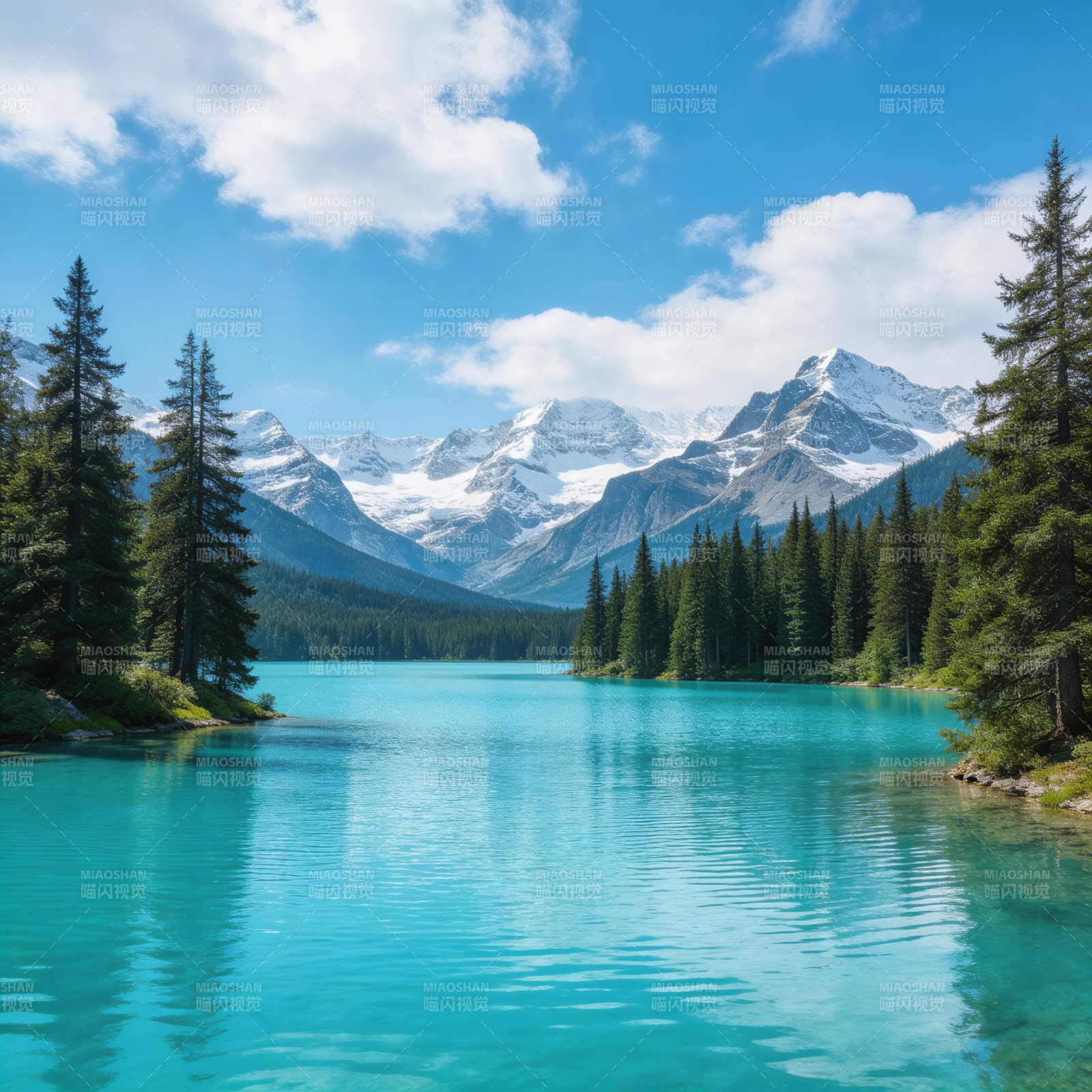 雪山碧湖 松林映天光图片