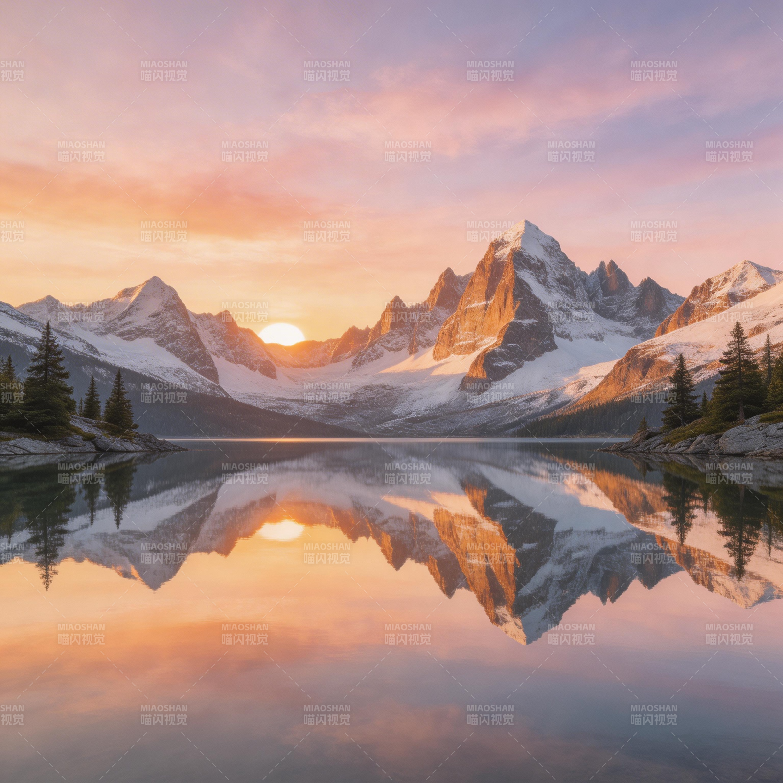 雪山映湖 日落如画图片