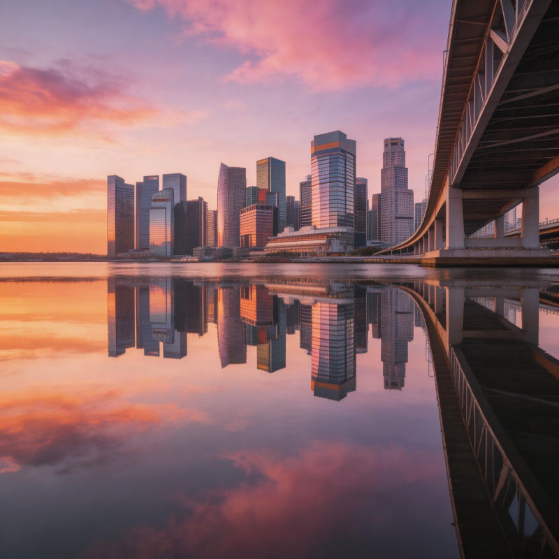 夕阳映城 桥影水镜中图片