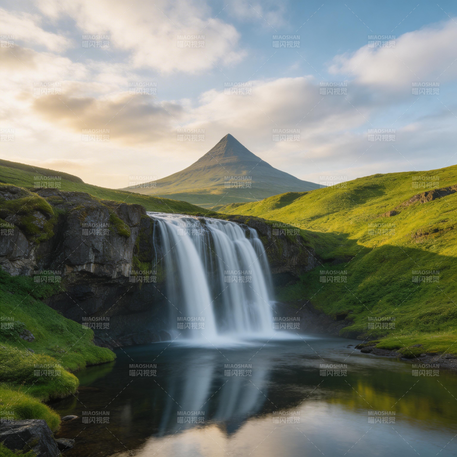 青山瀑布映夕阳图片