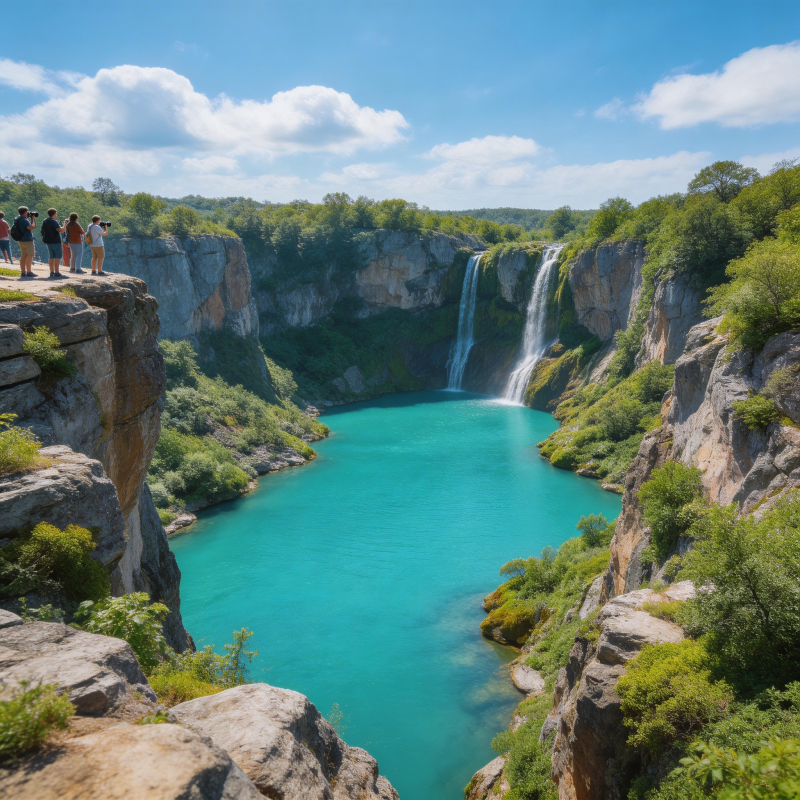 碧潭飞瀑 崖上观景人图片