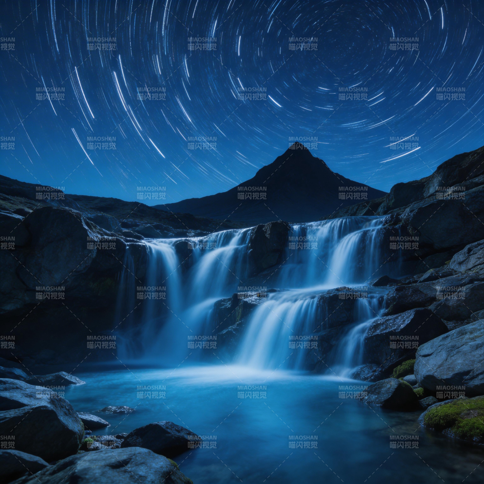 星轨瀑布夜山景图片