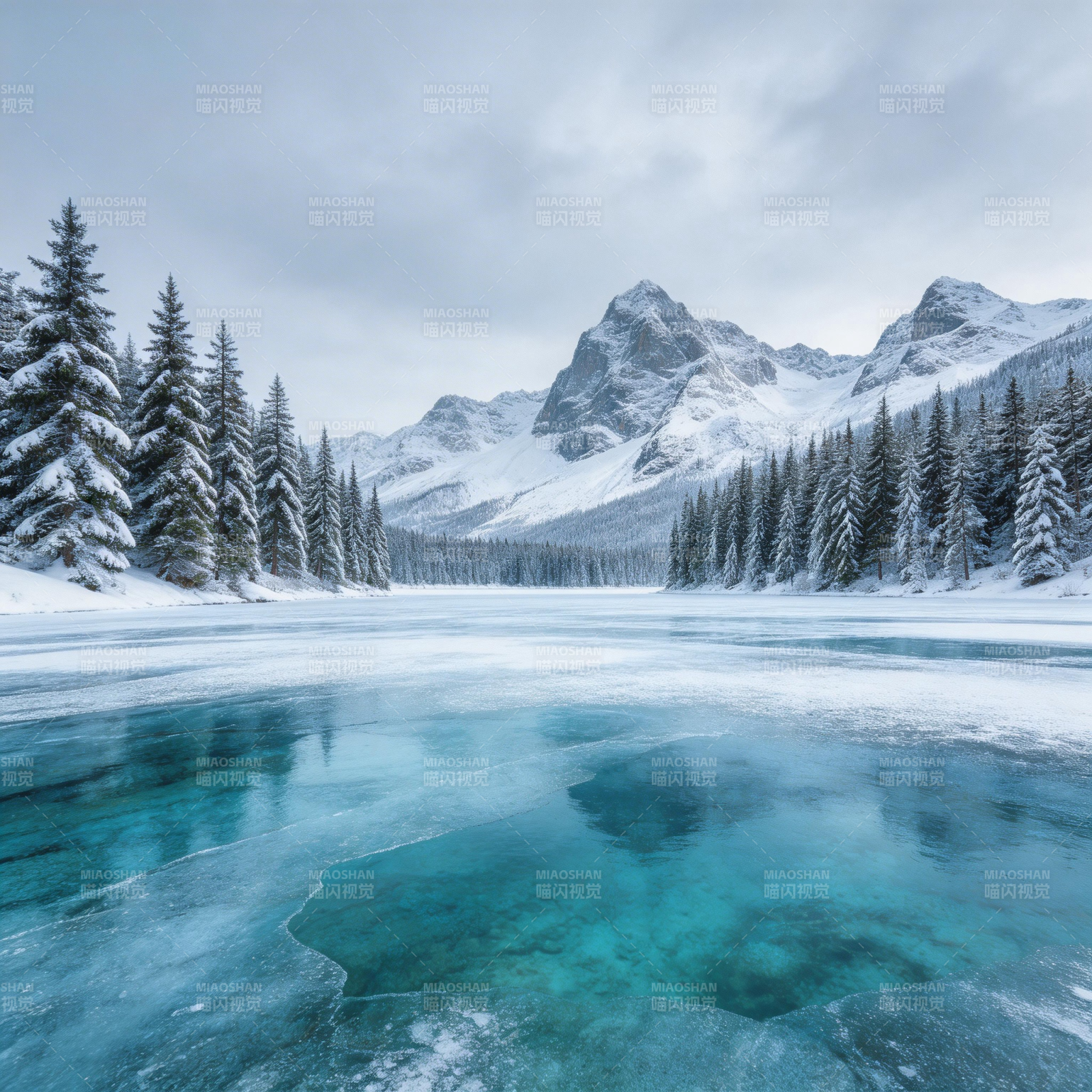 雪湖冰镜映雪山图片