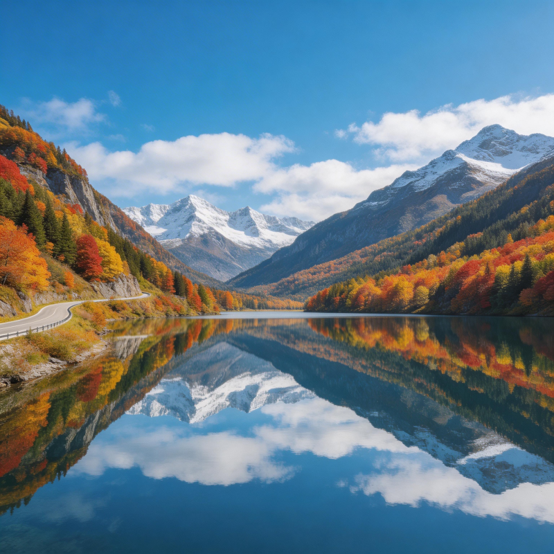 秋湖映雪山 彩林倒影如画图片