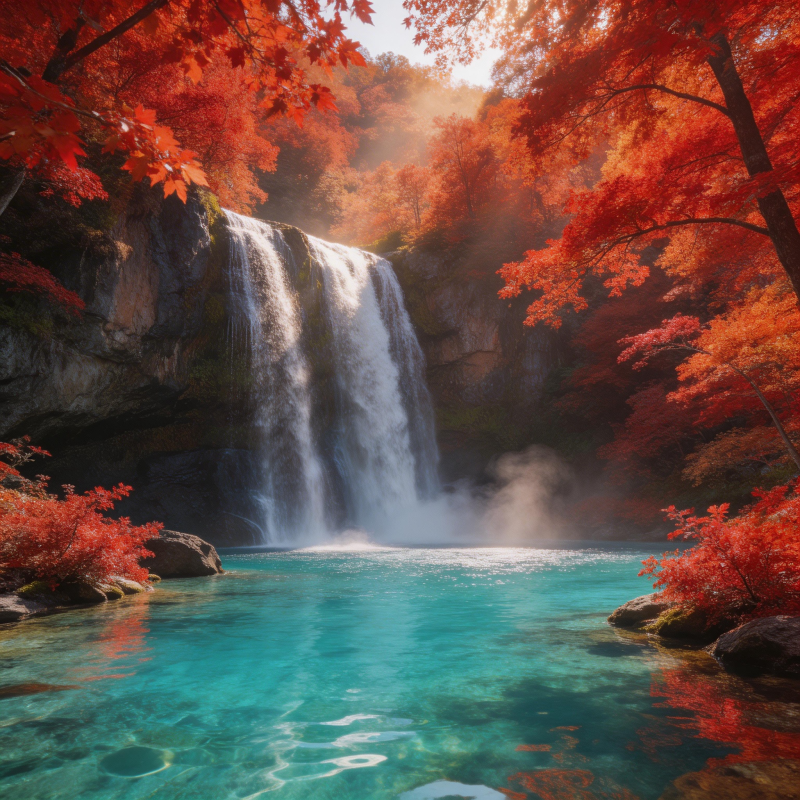 秋瀑红枫映碧潭图片