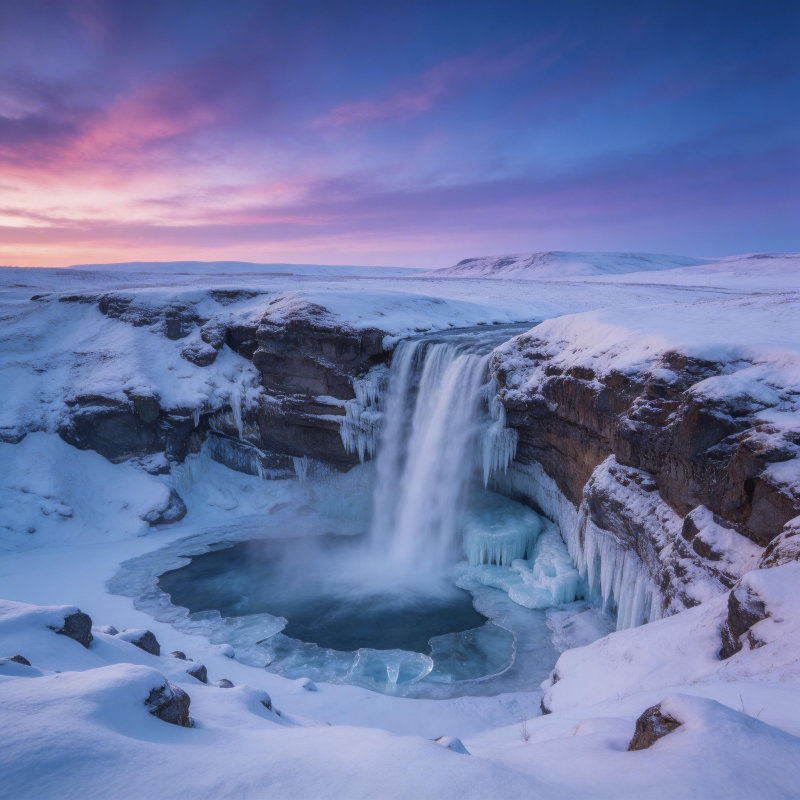 雪瀑冰潭映霞光图片