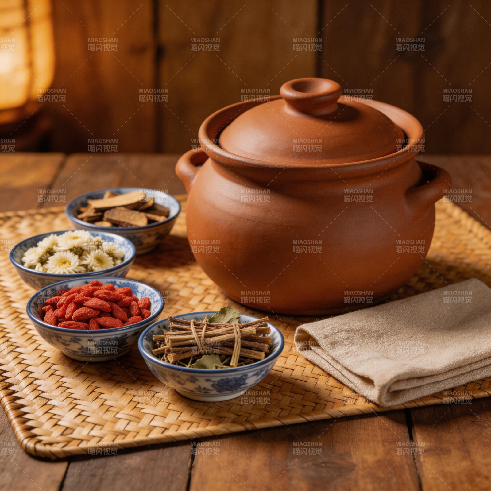 陶罐炖药 四味药材待煮图片