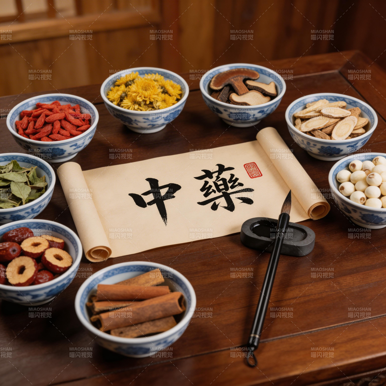中药药材与书法卷轴图片