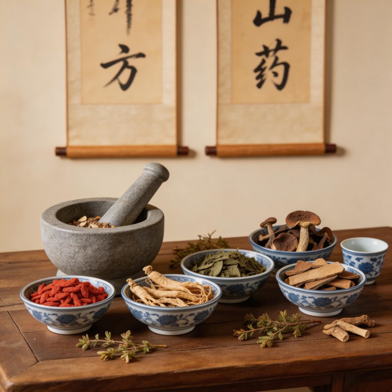 中药药材与研磨器具展示图片