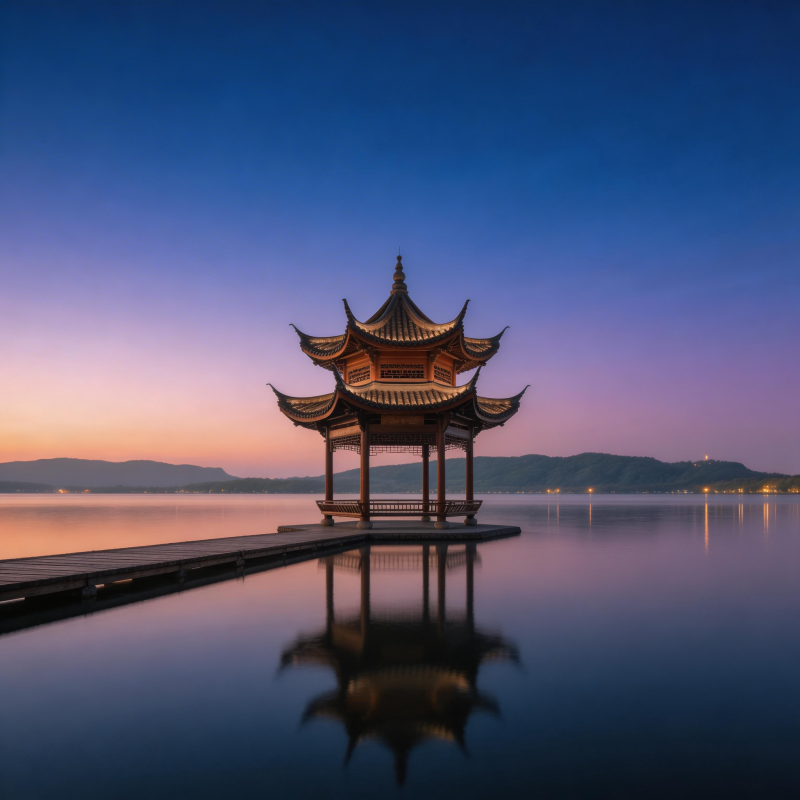 湖心亭影映暮色图片