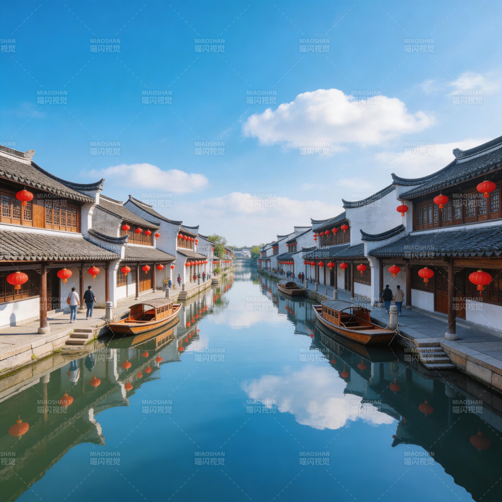 水乡古镇 红灯映碧波图片