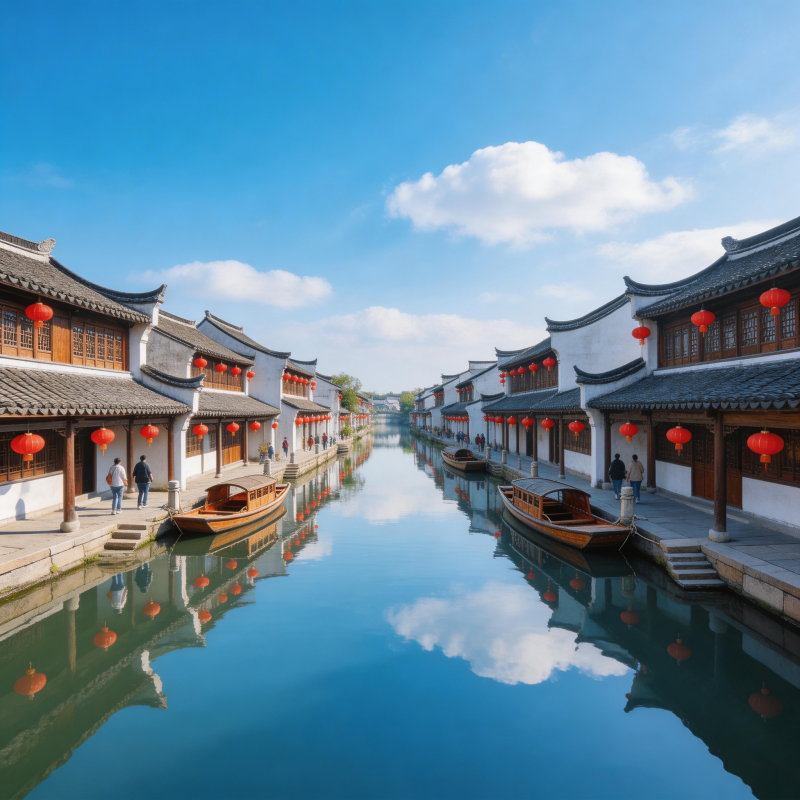 水乡古镇 红灯映碧波图片