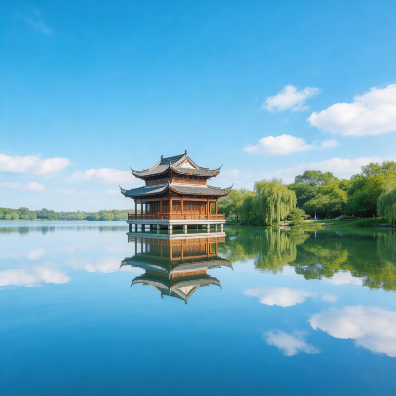 湖心亭影映蓝天图片