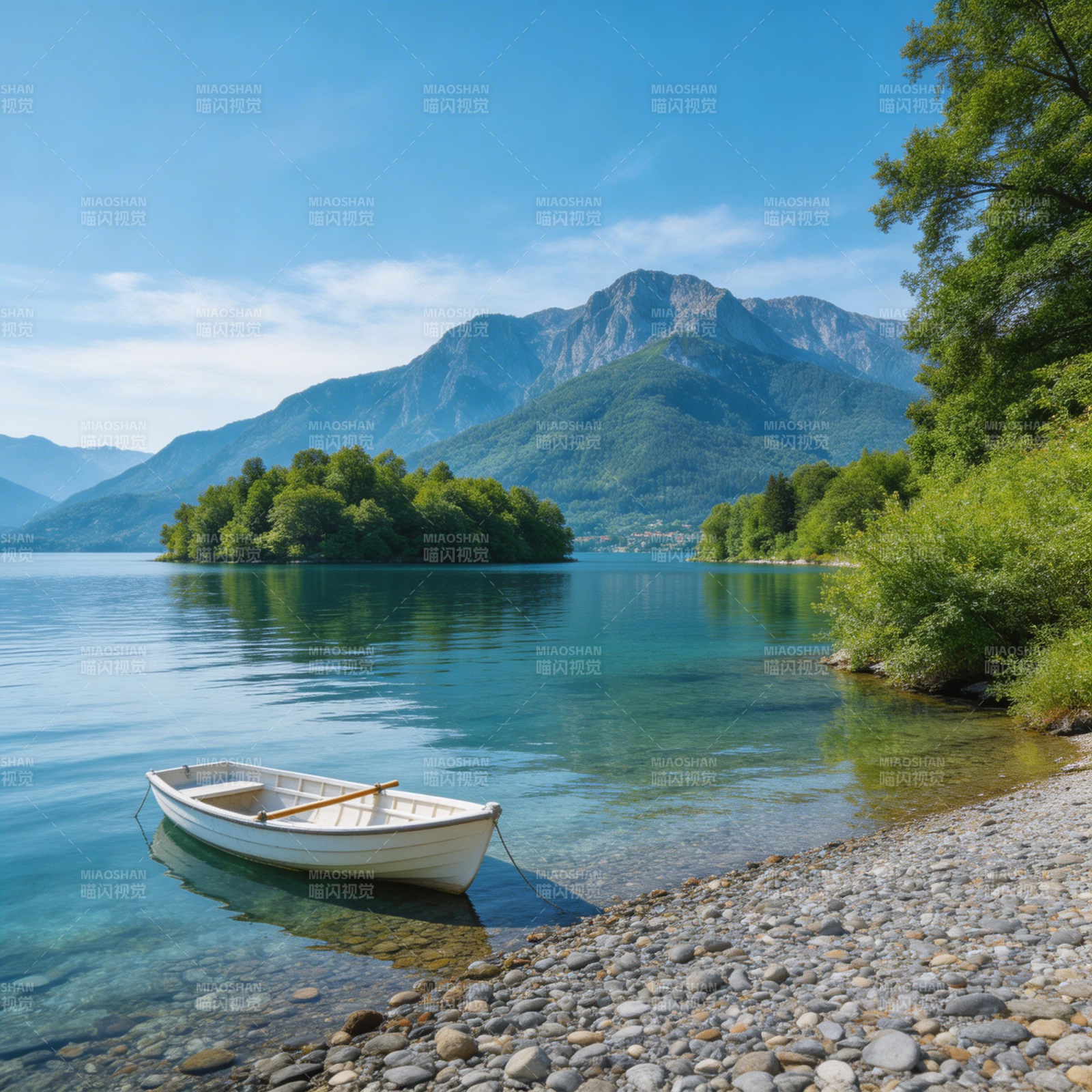 湖光山色 小舟静泊岸边图片