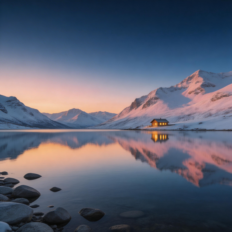 雪山湖影 孤屋暖光图片