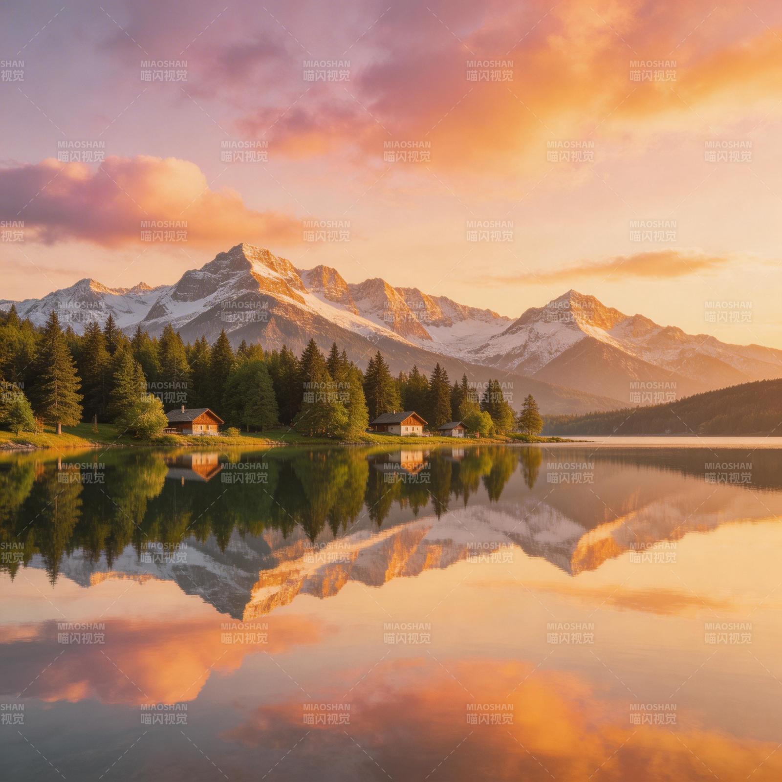 湖光山色映晚霞图片