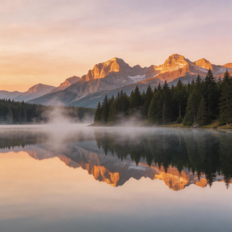 晨曦山湖 雾绕峰影倒映中图片