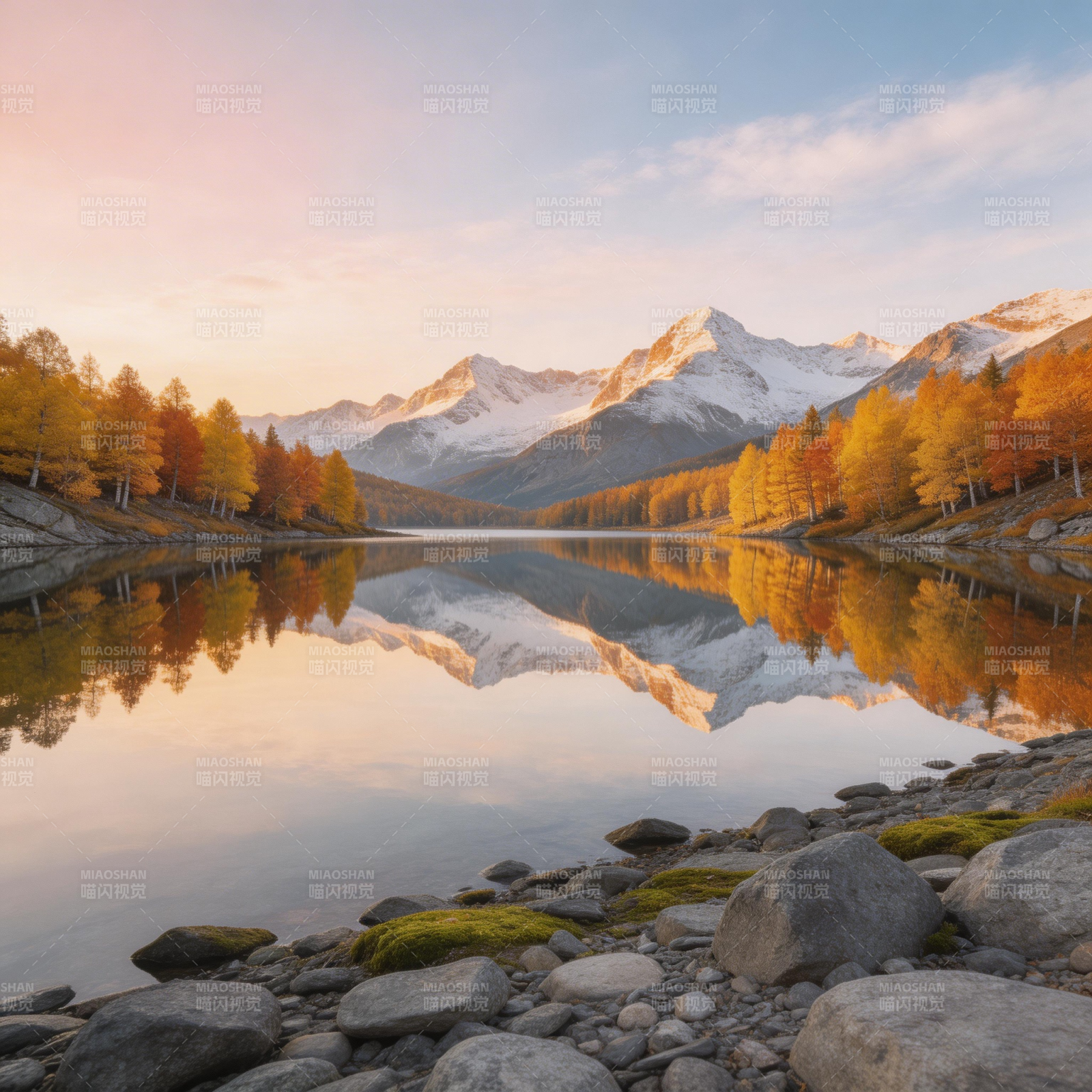秋湖映雪山 静美如画境图片