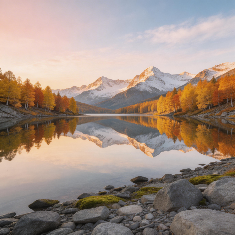 秋湖映雪山 静美如画境图片