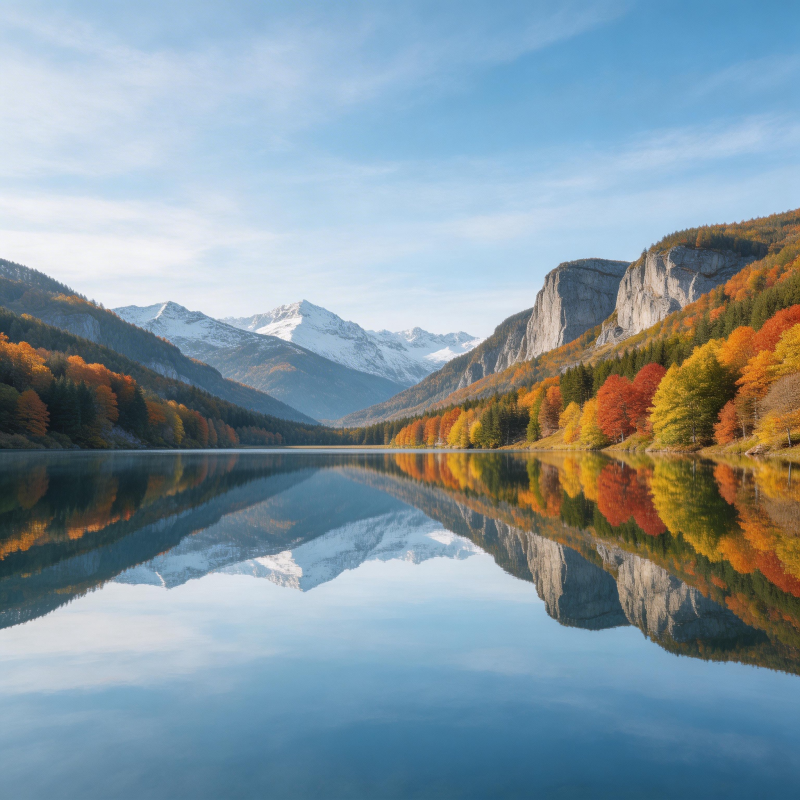 秋湖映雪山 彩林倒影如画图片