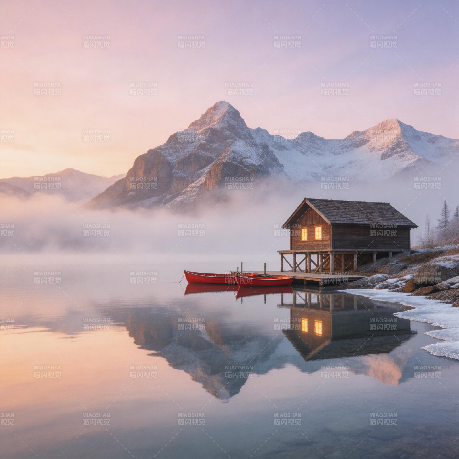 湖山晨雾 木屋红舟静影图片