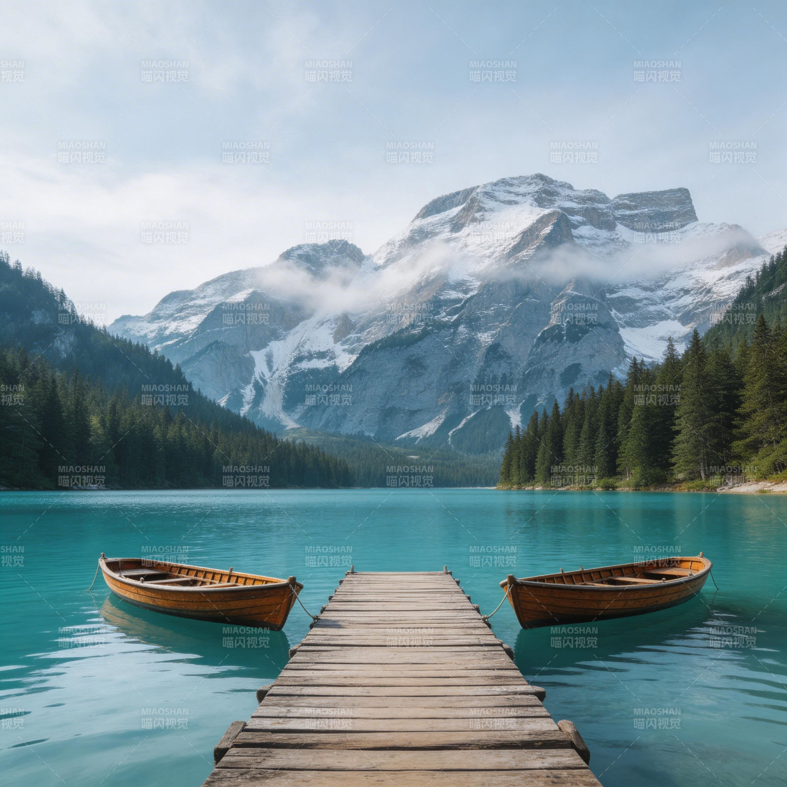 雪山湖静 双舟泊岸图片