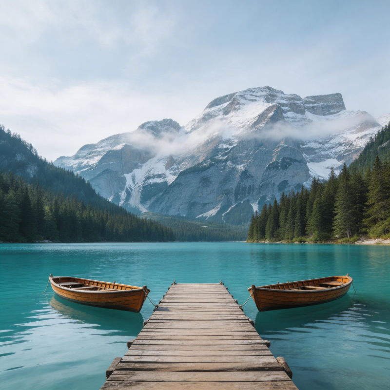 雪山湖静 双舟泊岸图片