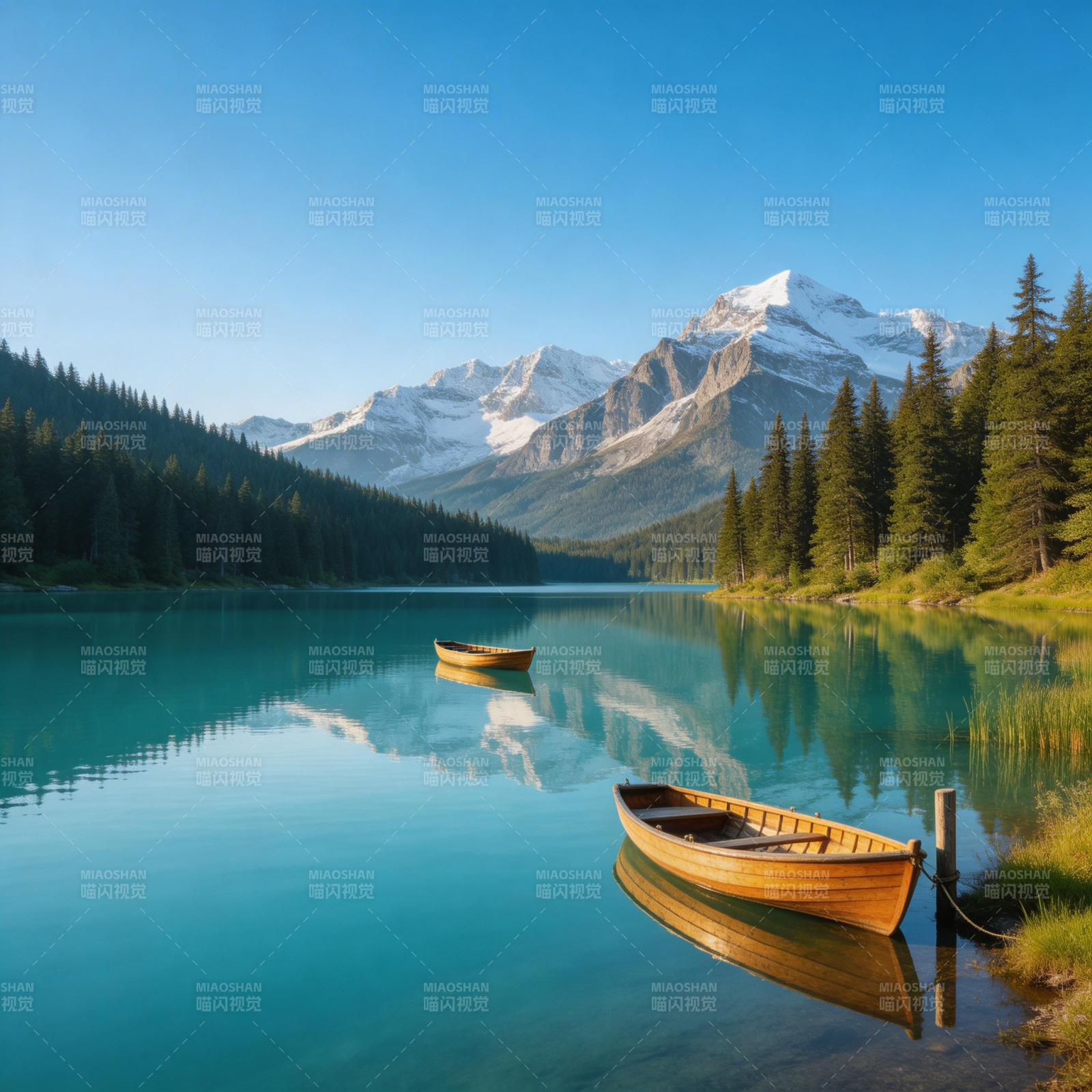 雪山湖影 木舟静泊图片