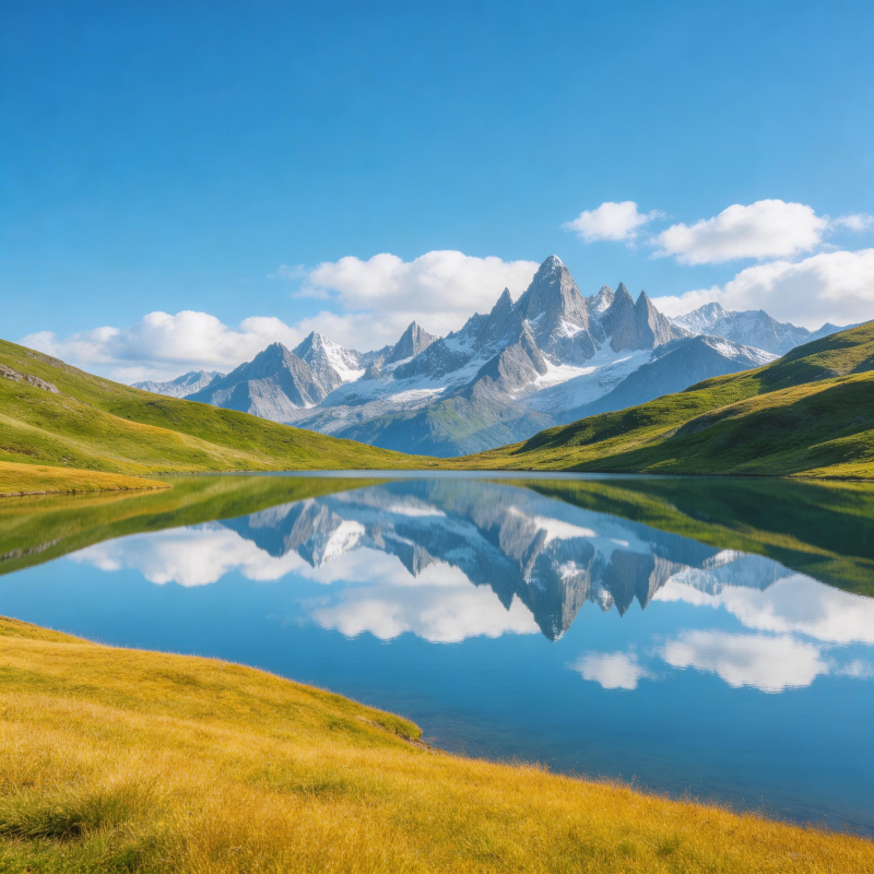 雪山倒影湖中 天蓝草绿如画图片