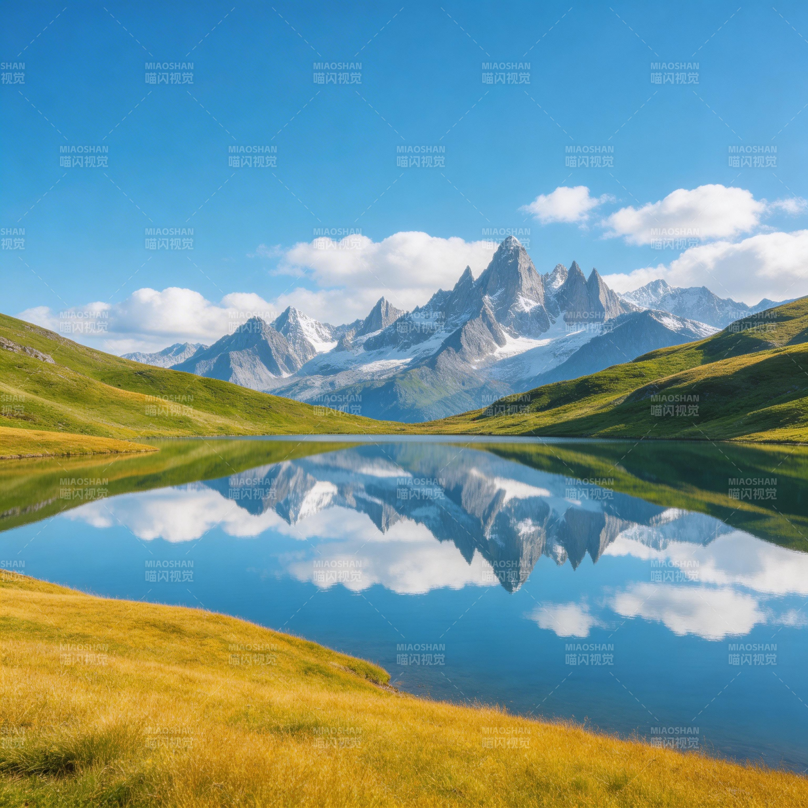 雪山倒影湖中 天蓝草绿如画图片