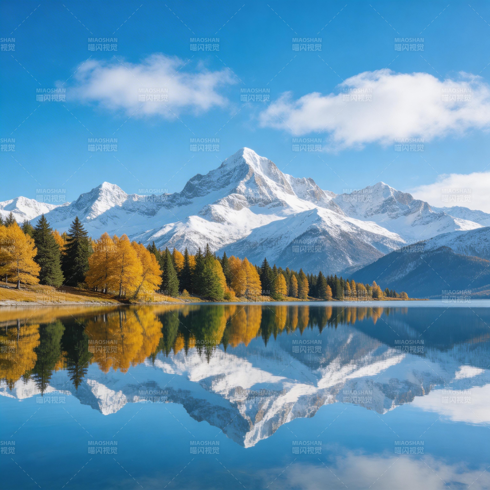 雪山秋林映湖如镜图片