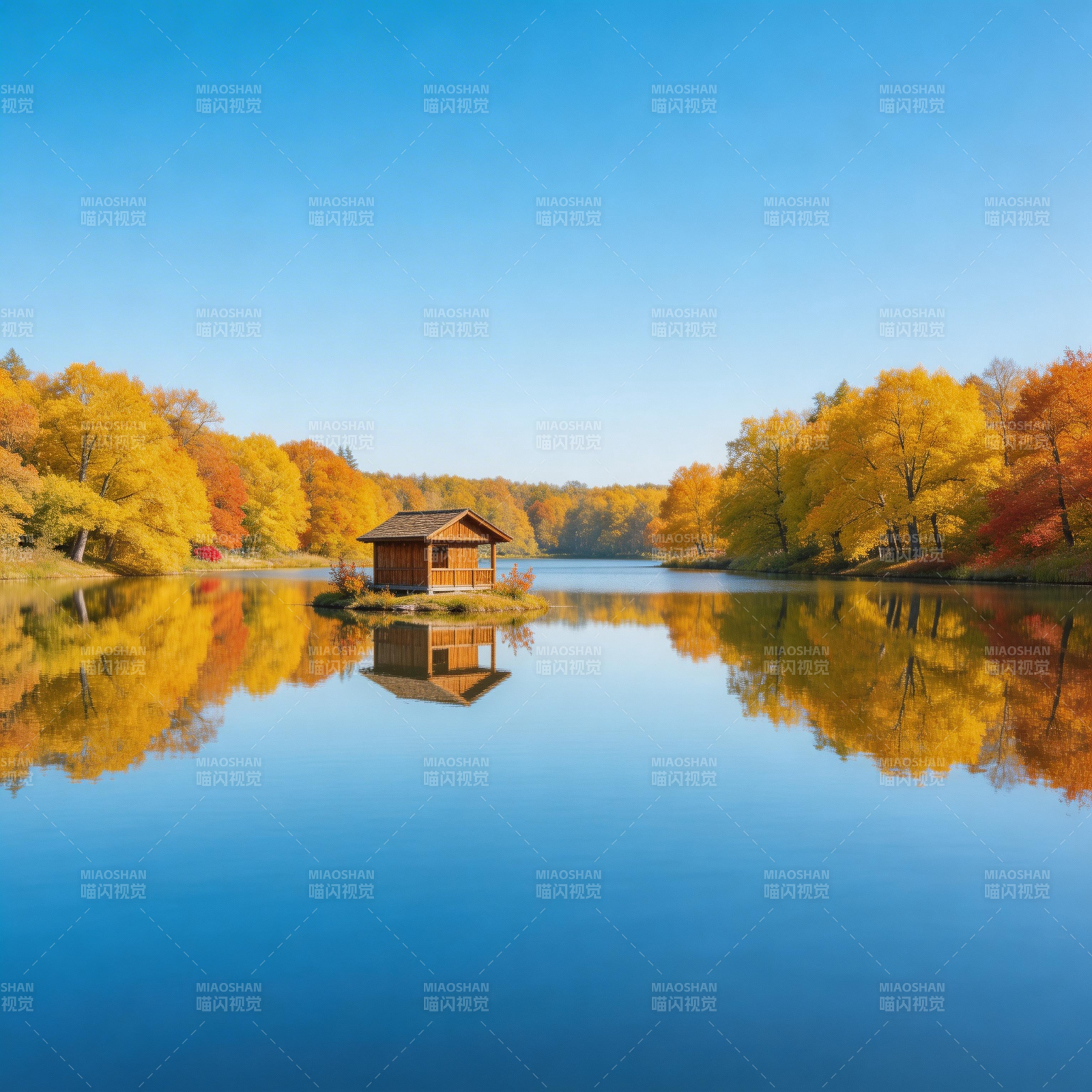 秋湖小屋 倒影如画图片