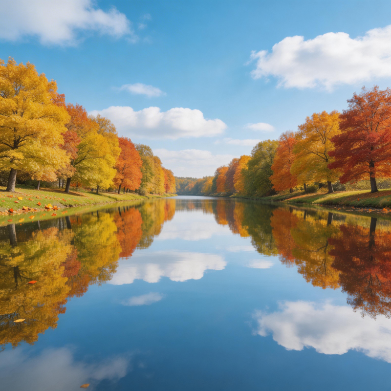 秋色映湖 云树共倒影图片