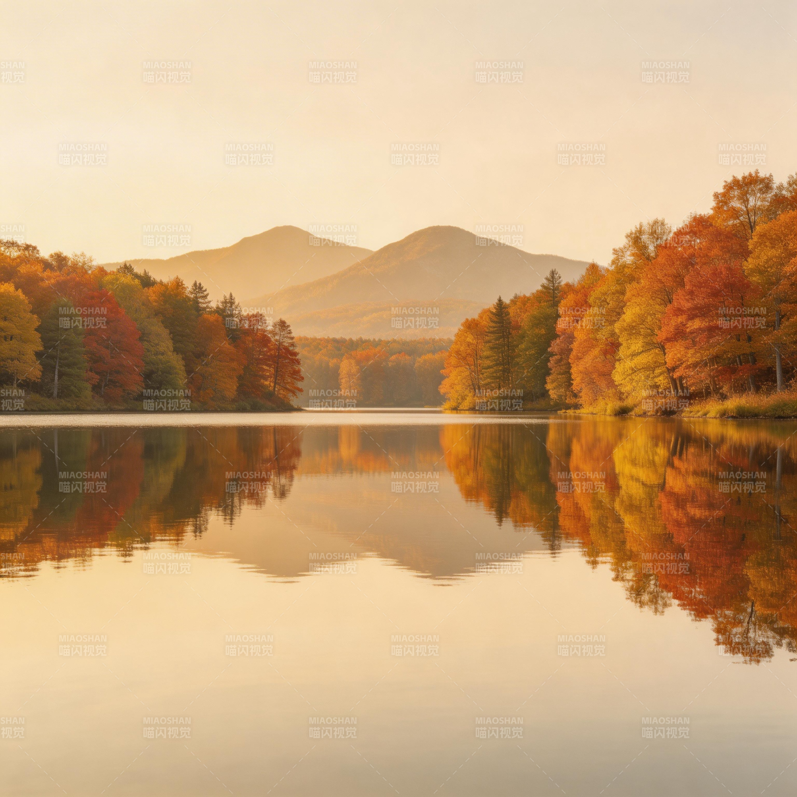 秋湖映山 彩林倒影如画图片