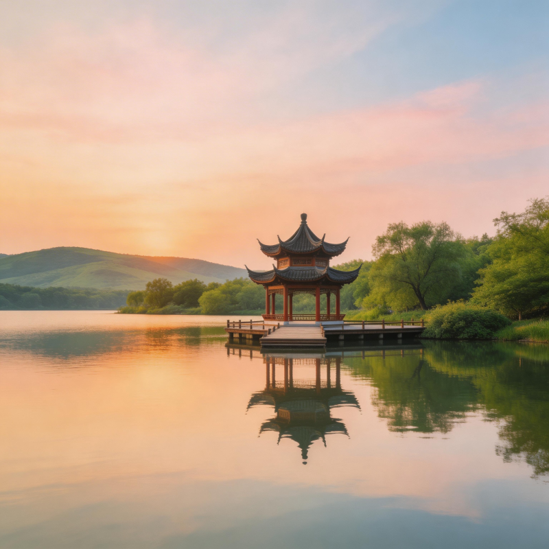 湖心亭映晚霞静美如画图片