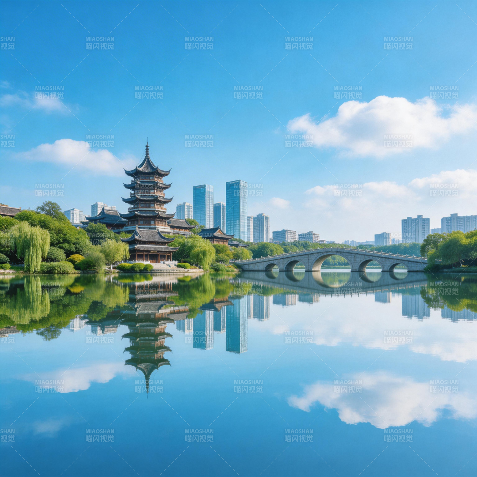 古塔映湖 城景交融图片