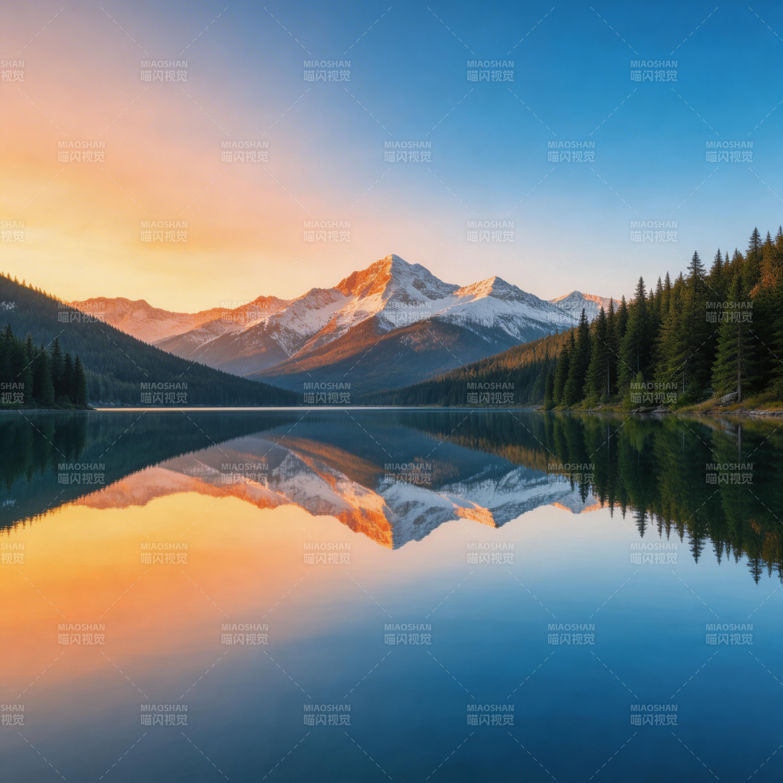 雪山映湖 霞光如画图片