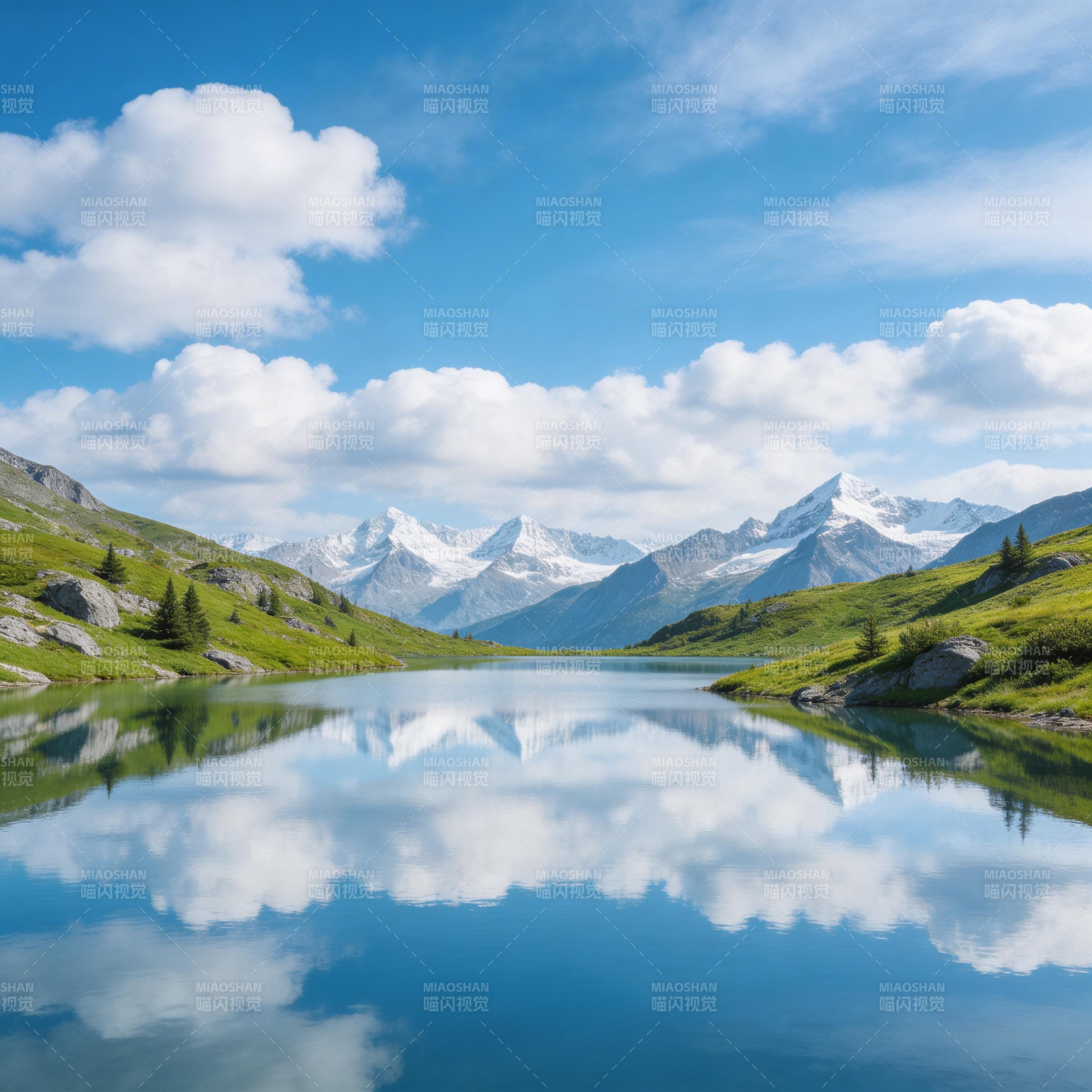 雪山映湖 云影如镜图片