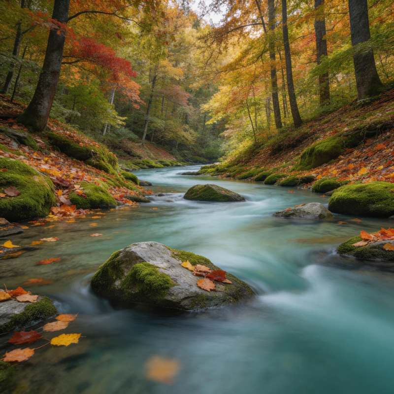 秋溪流韵 林间彩叶舞图片