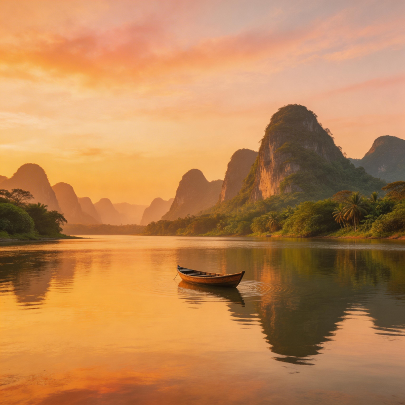 漓江夕照 孤舟映山影图片