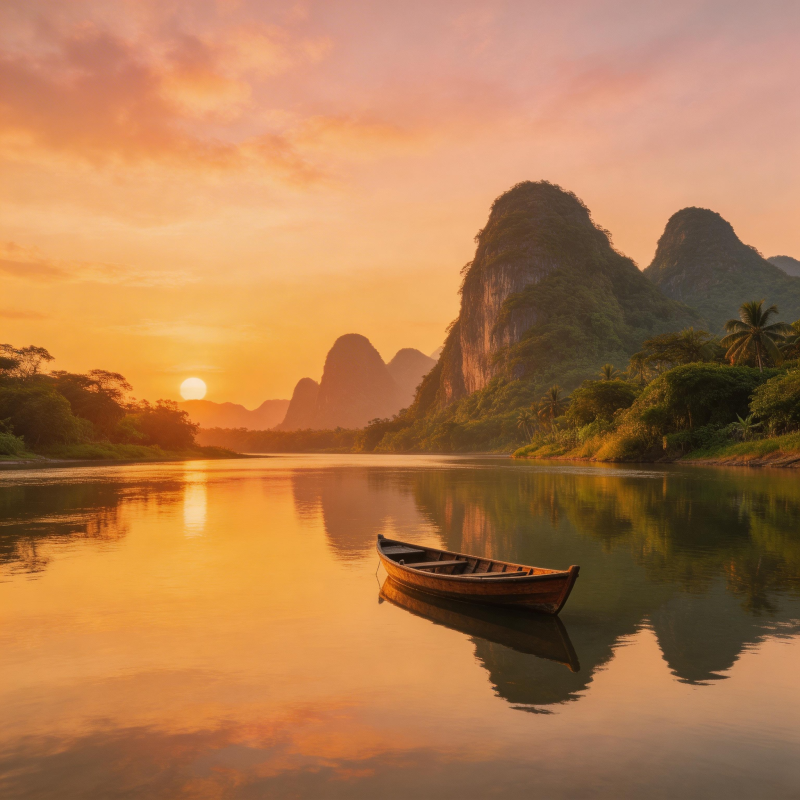 夕阳孤舟映山静图片