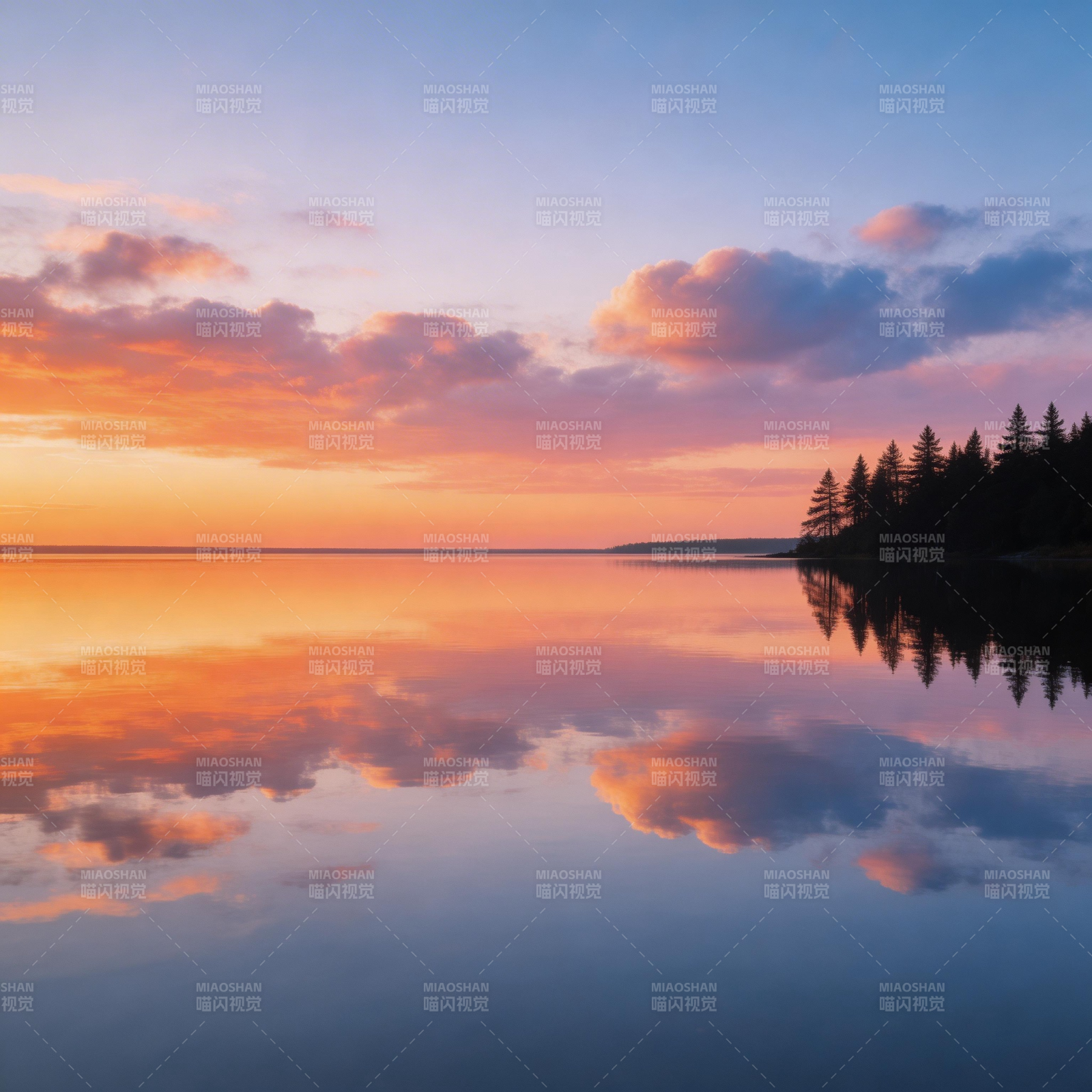 湖光夕照 云影倒映如画图片