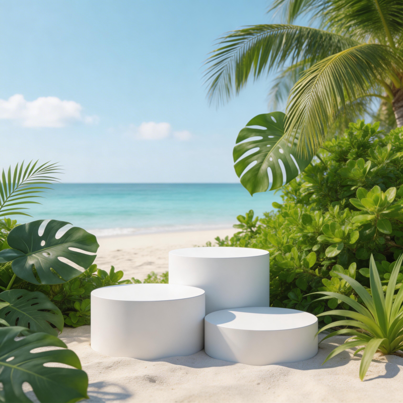 热带海滩上的白色展台图片