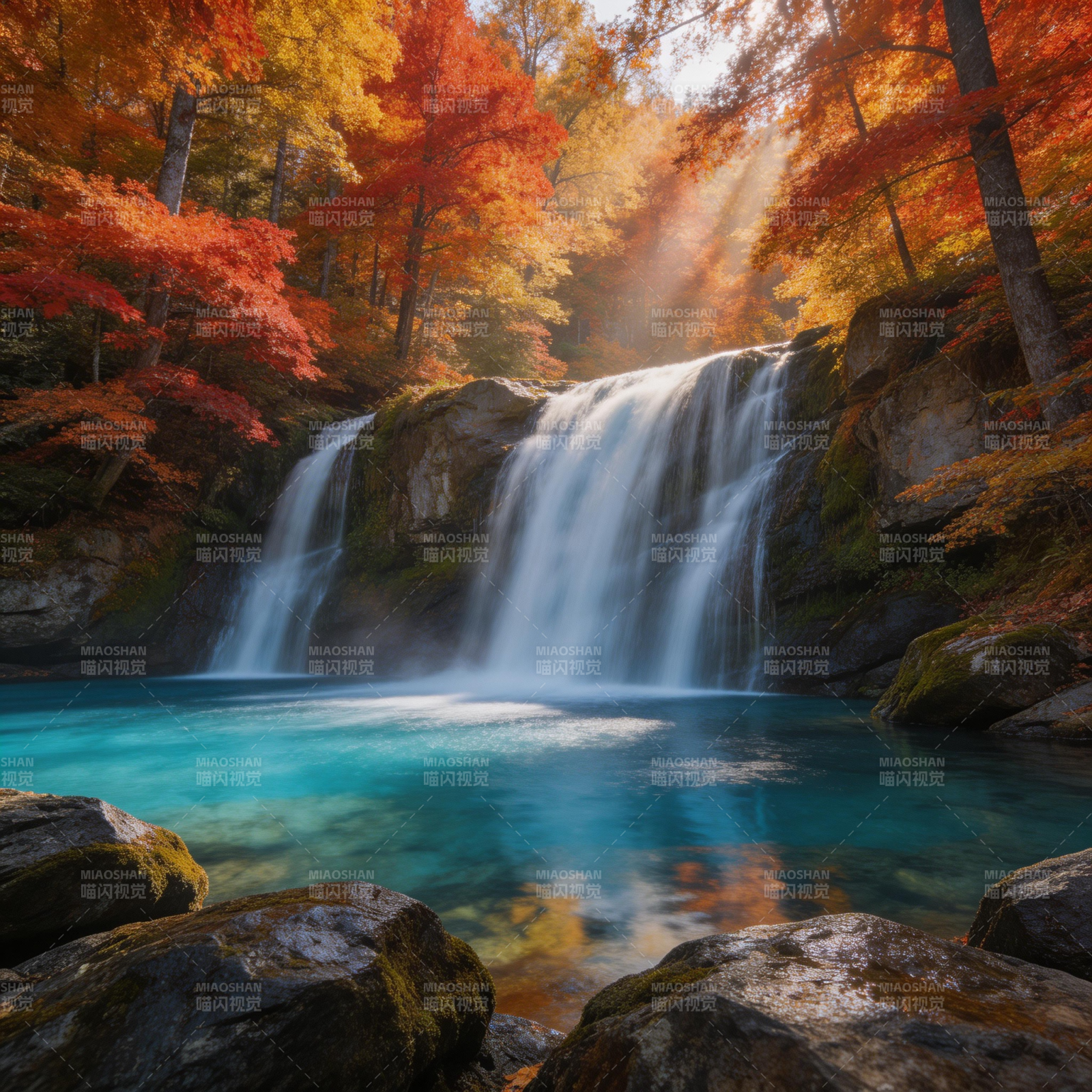 秋瀑映红林 碧水绕石流图片