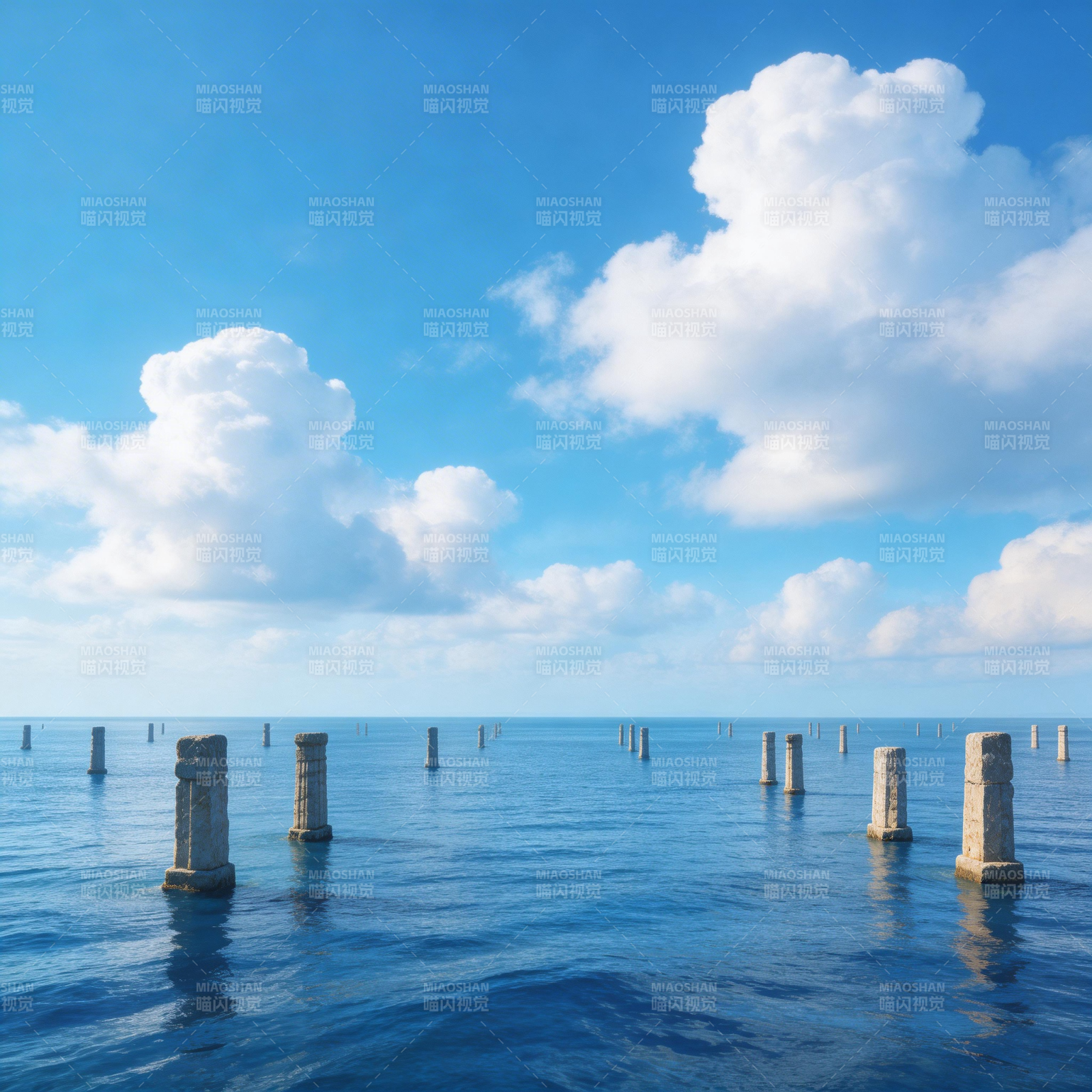 海中石柱 蓝天白云景图片