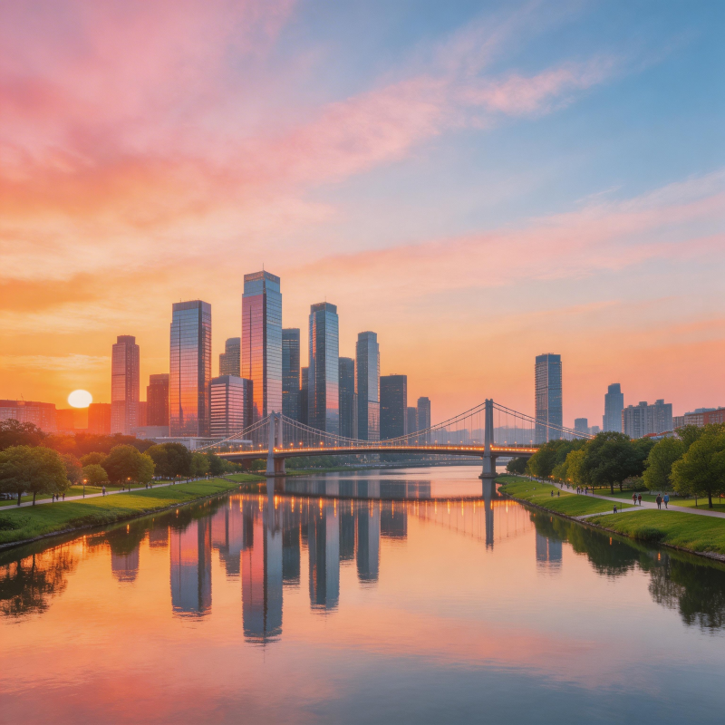 夕阳映城 桥影入画图片